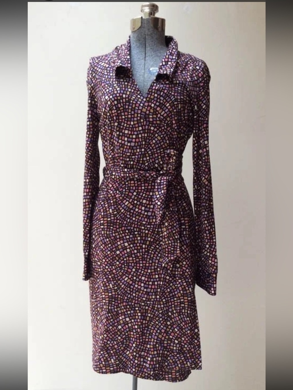 Diane Von Furstenberg Purple Mosaic-Print Long Sleeve Wrap Dress